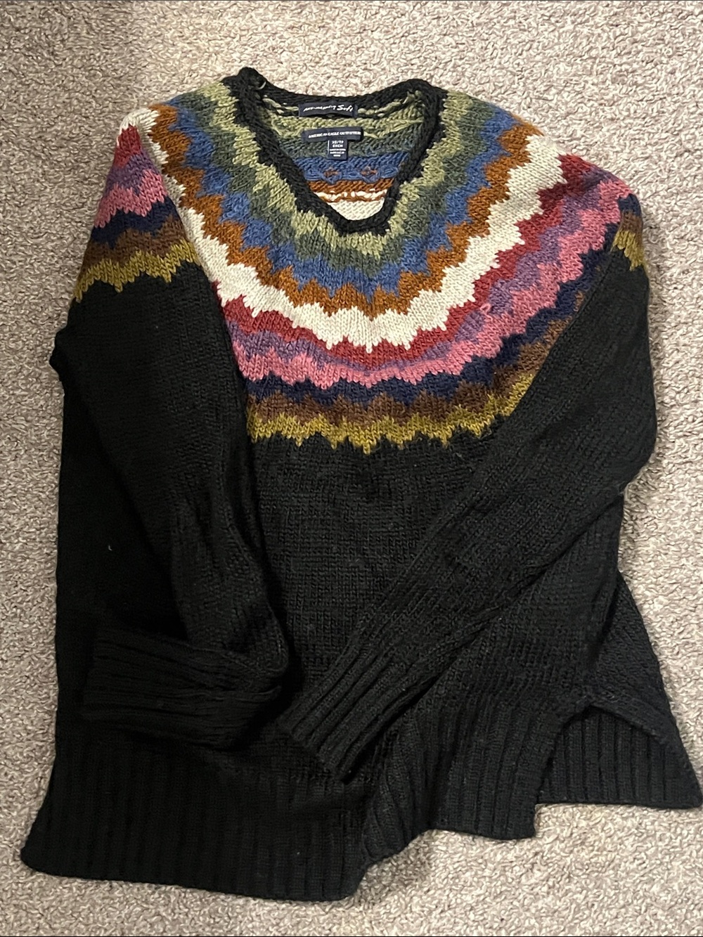 American Eagle Outfitters Black Crewneck Sweater with Multicolor Fair Isle Yoke